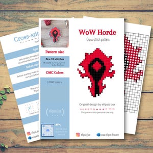 May include: A collection of printed cross-stitch patterns on white paper, featuring the WoW Horde logo in red and black. The patterns include instructions, a color chart, and the text "WoW Horde Cross-stitch pattern".
