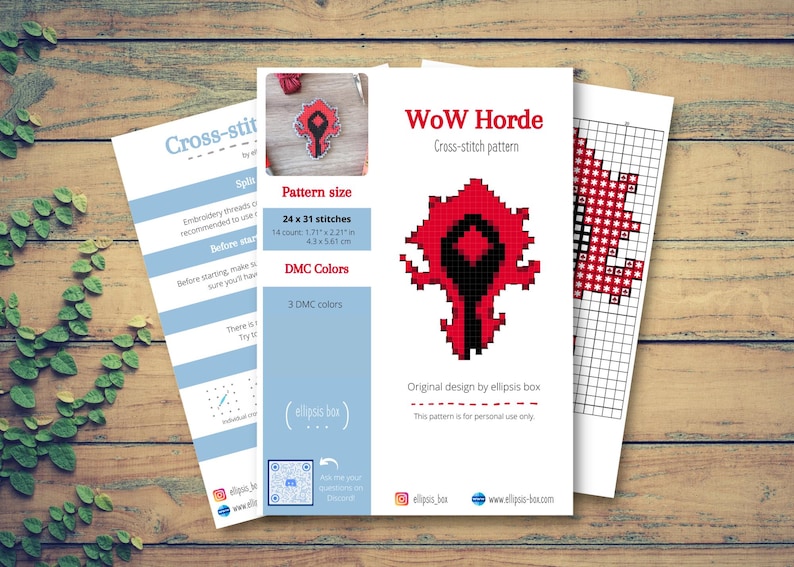 May include: A collection of printed cross-stitch patterns on white paper, featuring the WoW Horde logo in red and black. The patterns include instructions, a color chart, and the text "WoW Horde Cross-stitch pattern".