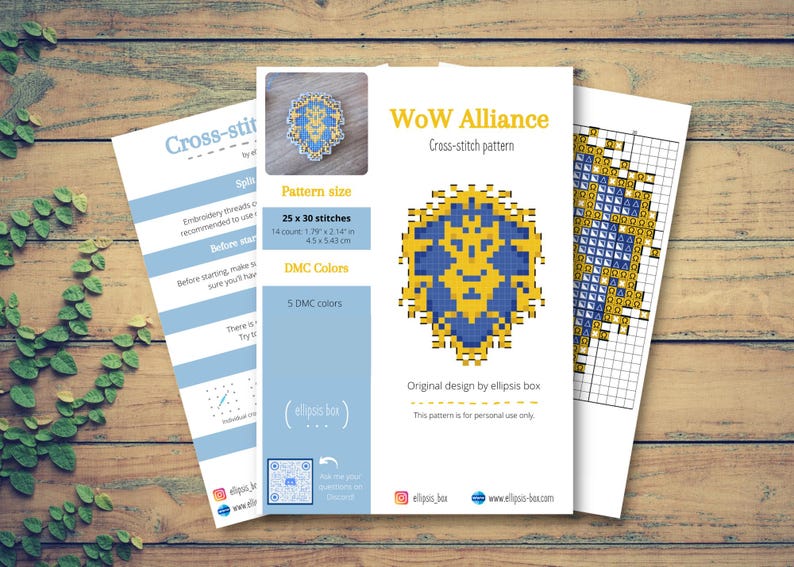 May include: A cross-stitch pattern titled "WoW Alliance" with a blue and yellow geometric design. The pattern size is 25 x 30 stitches, with dimensions of 1.79 x 2.14 inches. The design uses 5 DMC colors. The image includes instructions.