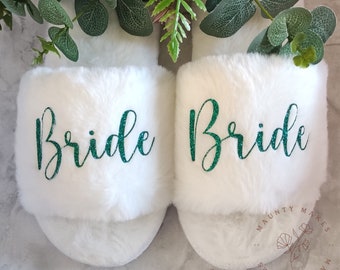 Personalised Bride Fluffy Faux Fur, Glitter Slippers, Sliders, Wedding, Hen, Bridal