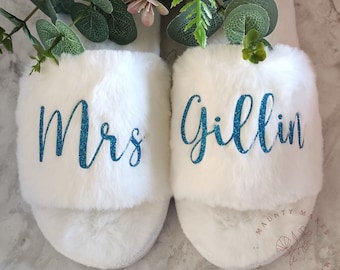 Personalised Name Fluffy Faux Fur Slippers, Sliders, Wedding, Hen, Bridal, Birthday