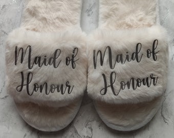 Personalised Maid of Honour MoH Fluffy Faux Fur Slippers, Sliders, Wedding, Hen, Bridal