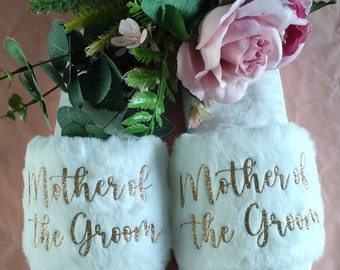 Personalised Mother of the Groom MotG Fluffy Faux Fur Slippers, Sliders, Wedding, Hen, Bridal