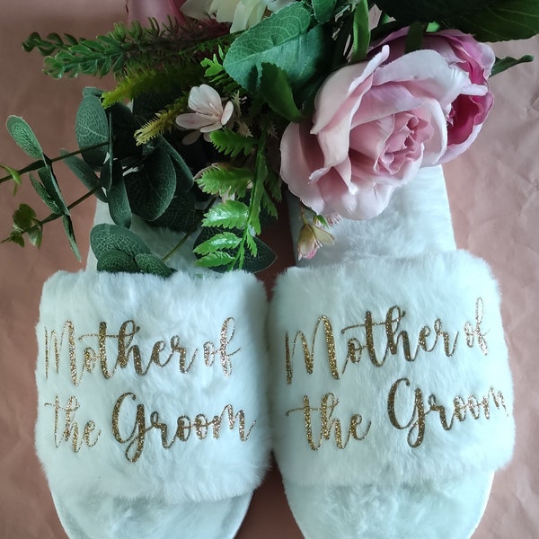 Personalised Mother of the Groom MotG Fluffy Faux Fur Slippers, Sliders, Wedding, Hen, Bridal