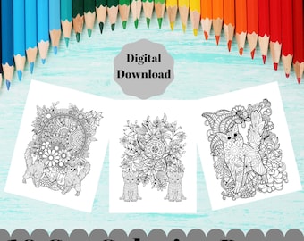 10 Cats Coloring Pages, Mandala Cats Coloring Pages, Kitten Printables To Color, Instant Download!