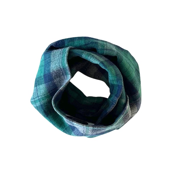 Green, blue and gray kids plaid scarf. Unisex flannel scarf in double or single loop infinity style for toddler or baby. Ready to Ship