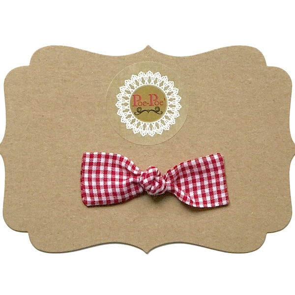 Red gingham clip hair bows for infant, baby or toddler.  Cute petite hair bow for fine wispy hairs.  Ready to Ship
