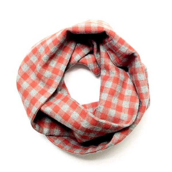 Orange plaid scarf with hair bow. Unisex flannel scarf in double or single loop infinity style for kids, toddler or baby. Ready to Ship