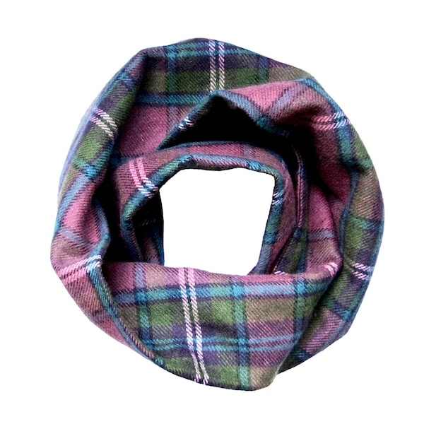 Raspberry and green plaid scarf. Flannel scarf in double or single loop style for kids, child, toddler or baby. Ready to Ship