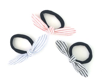 Striped mini knot hairbows for toddlers, babies or adults. Bunny ear hairbow for ponytail, pigtails or braids.Choose Your Elastic Band Size.