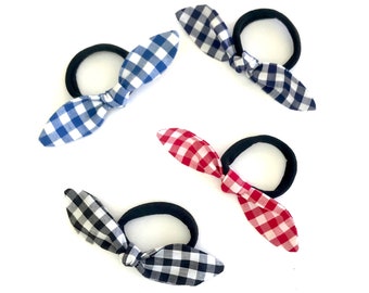 Mini Knot Hair Bows for Toddlers, Babies or Adults.Gingham Elastic Hairband Bow for Ponytail or Pigtails.Offered in two band colors & sizes.