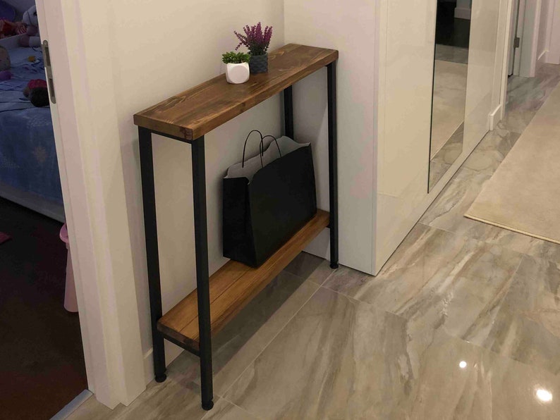 Brown Narrow Console Table With Iron Legs Rustic Entry Etsy