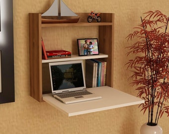 study table on wall Wall Mounted Foldable Desk Study Table, Brown White Wood Space Saving Floating Folding Desk, Home Office Minimalist Modern Computer Desk