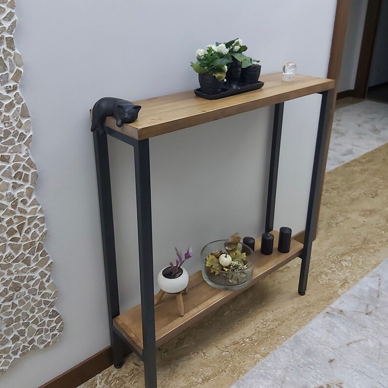 Brown Narrow Console Table With Iron Legs Rustic Entry Etsy
