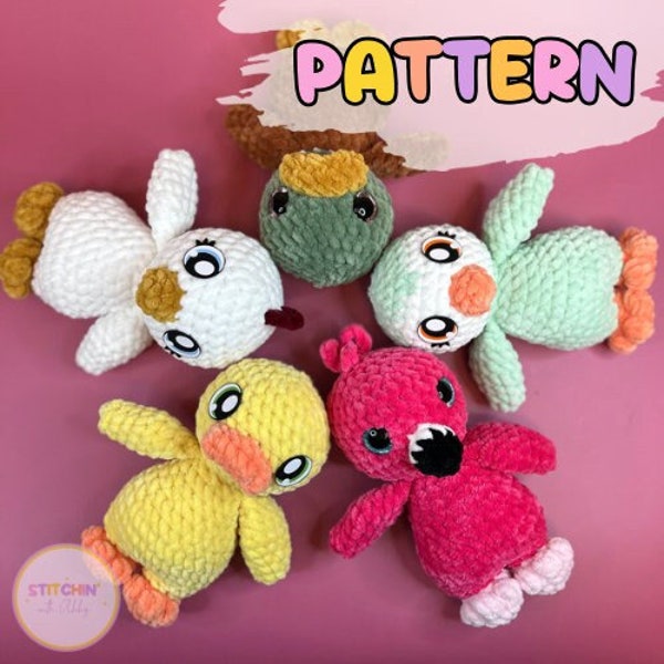 Mini Bird Crochet Pattern Pack | Penguin Pattern | Crochet Flamingo | Crochet Duck | Crochet Mallard Pattern | Low Sew Chicken Pattern