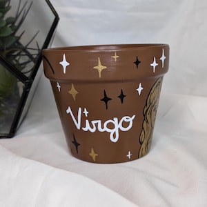 Hand Painted, 4 inch Astrology Sign Virgo Constellations & Symbols Flower Pot.