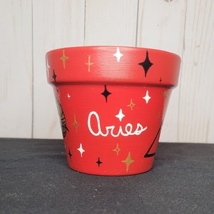 Hand Painted, 4 inch Astrology Sign Aries Constellations & Symbols Flower Pot.