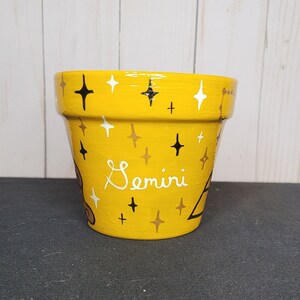 Hand Painted, 4 inch Astrology Sign Gemini Constellations & Symbols Flower Pot.