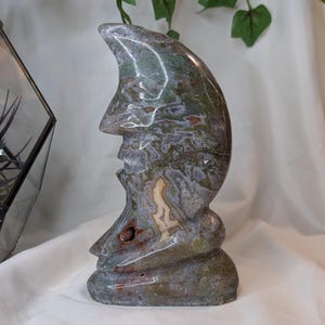 Large Moss Agate Crystal Moon Carving