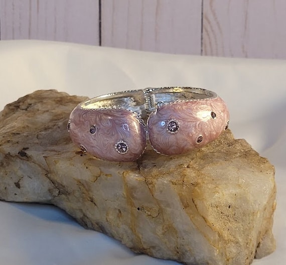 Pink & Silver Enamel Bracelet with Small Purple R… - image 1