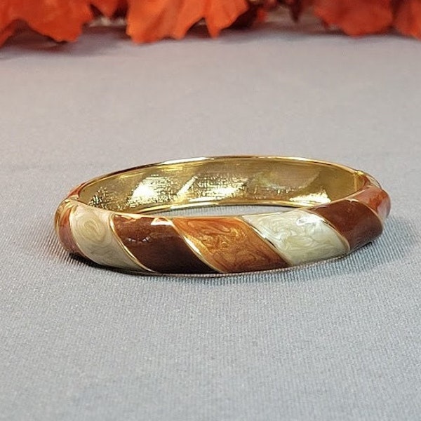 Multi-Brown & Gold Enamel Paint, Diagonal Pattern, Alloy Metal Hinged Bangle Bracelet