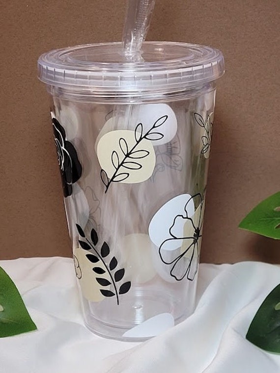 Clear Tumbler With White & Beige Blobs and Black Florals, 18 Oz 