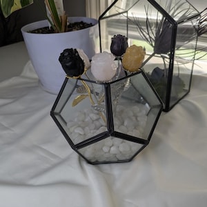 Small Crystal Roses on Silver Stainless Steel Stem. Choose between Golden Healer, Obsidian, Purple Fluorite or Rose Quartz