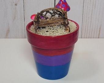Hand Painted Bisexual Flag Rainbow Fairy Garden with Mushrooms & Golden Bench