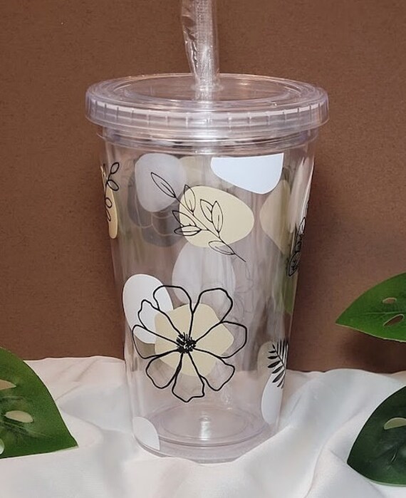 Clear Tumbler With White & Beige Blobs and Black Florals, 18 Oz 