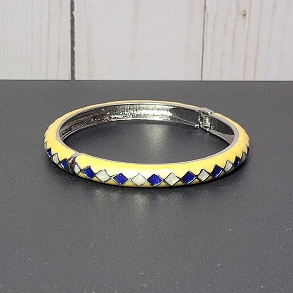 Thin Yellow and Silver Enamel Bracelet with White and Blue Diamonds, Enamel Painted, Alloy Metal Slip-On Bangle Bracelet