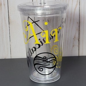Clear Tumbler with Yellow Air Element Symbols & Word &quot;Communication&quot;, 18oz.