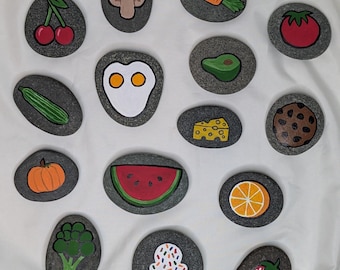 Customizable, Hand-painted & Sealed Pretend Sensory Play 8-Stone Food Set. Fruits, Veggies, Proteins, Sweet Treats. For Young Children