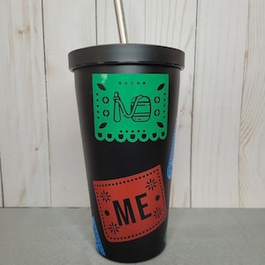 Mexico Party Flags. Hispanic Heritage Month. 19oz Black Stainless Steel Tumbler with Straw