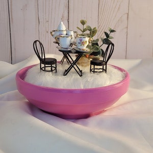 Fairy Garden with White Faux Fur &quot;Carpet&quot;, Tea Party Scene with Tables and Chairs