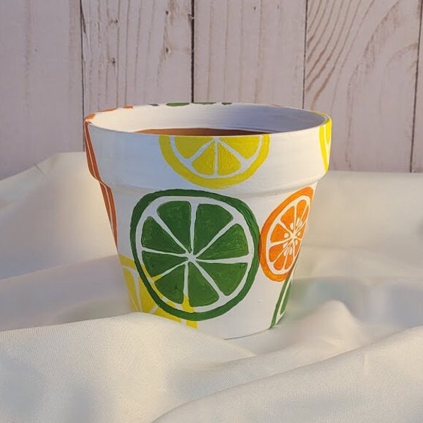 Hand Painted, 4 inch Lemon, Lime & Orange Slices on White. Tutti Frutti Flower Pot