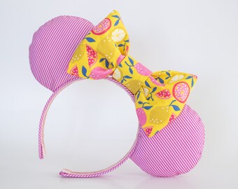 Pink Stripe Minnie Ears with Yellow and Pink Lemon Oversized Bow - Lemon Yellow Disney World Summer Ears - Magic Kingdom Disney Ears