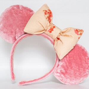 Pink Minnie Ears - Velvet with Cream Floral Oversized Bow - Pink and Orange Floral Bow - Feminine Mickey ears - disney world - disneyland