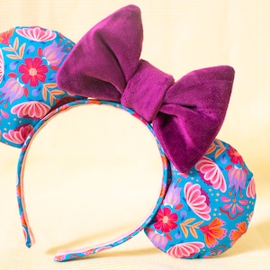 Encanto Floral Ears with Fuschia Velvet Oversized Bow - mirabel blue ear with large purple bow - flower and garden festival - mexican floral