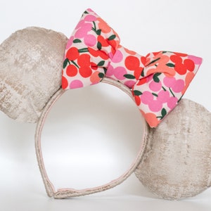 Cherry Minnie Ears - Velvet Cream Ears with Cherry Print Oversized Bow - retro cute pink bow - rose gold ears - disney world - disneyland