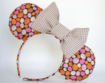 Pumpkin Minnie Ears with Beige and Cream Gingham Oversized Bow - fall minnie mouse ears - pink pumpkin disney world -cute halloween ears