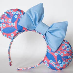 USA Minnie Ears with Baby Blue Oversized Bow - blueberry print minnie mouse ears - cute trendy red white and blue ears - fourth of july ears