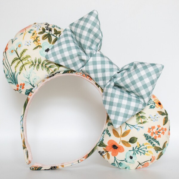 Rifle Paper Co Floral Minnie Ears with Light Blue Gingham Oversized Bow - rpc ear with blue and cream check bow - flower and garden festival