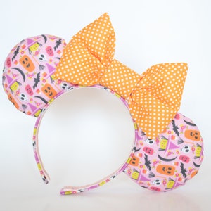 Pink Halloween Minnie Ears with Orange Pindot Bow - Fall Minnie Mouse Ears - Pumpkin, Witch, Skull, and Bat Disney Ears - Spooky Cute Ears