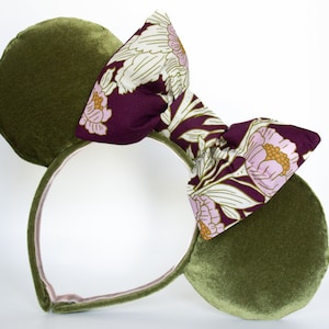 Green Velvet Minnie Ears with Plum Floral Oversized Bow - fall minnie mouse ears - olive green disney world - cute  magic kingdom