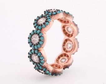 Turquoise Band Ring | CZ Diamond and Blue Turquoise Ring | Rose Gold Band Ring for Women | Birthday Jewelry Gift Idea