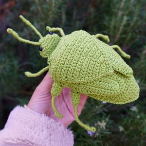 May include: A handmade, light green crochet insect toy with black eyes and long antennae. The insect is held against a blurred green background. The toy is a unique, whimsical creation.
