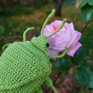 May include: A handmade, green crochet insect with black eyes, posed next to a pink rose. The insect has detailed crochet work, including antennae and legs. The background is blurred, with green foliage and a hint of a tree.