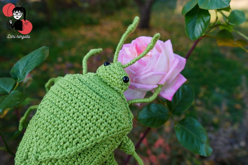 May include: A handmade, green crochet insect with black eyes, posed next to a pink rose. The insect has detailed crochet work, including antennae and legs. The background is blurred, with green foliage and a hint of a tree.
