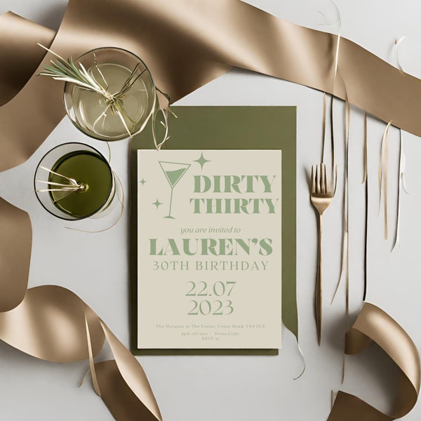 Neutral Greens & Beige Dirty Thirty 30th Birthday Invitation - Editable Canva Download