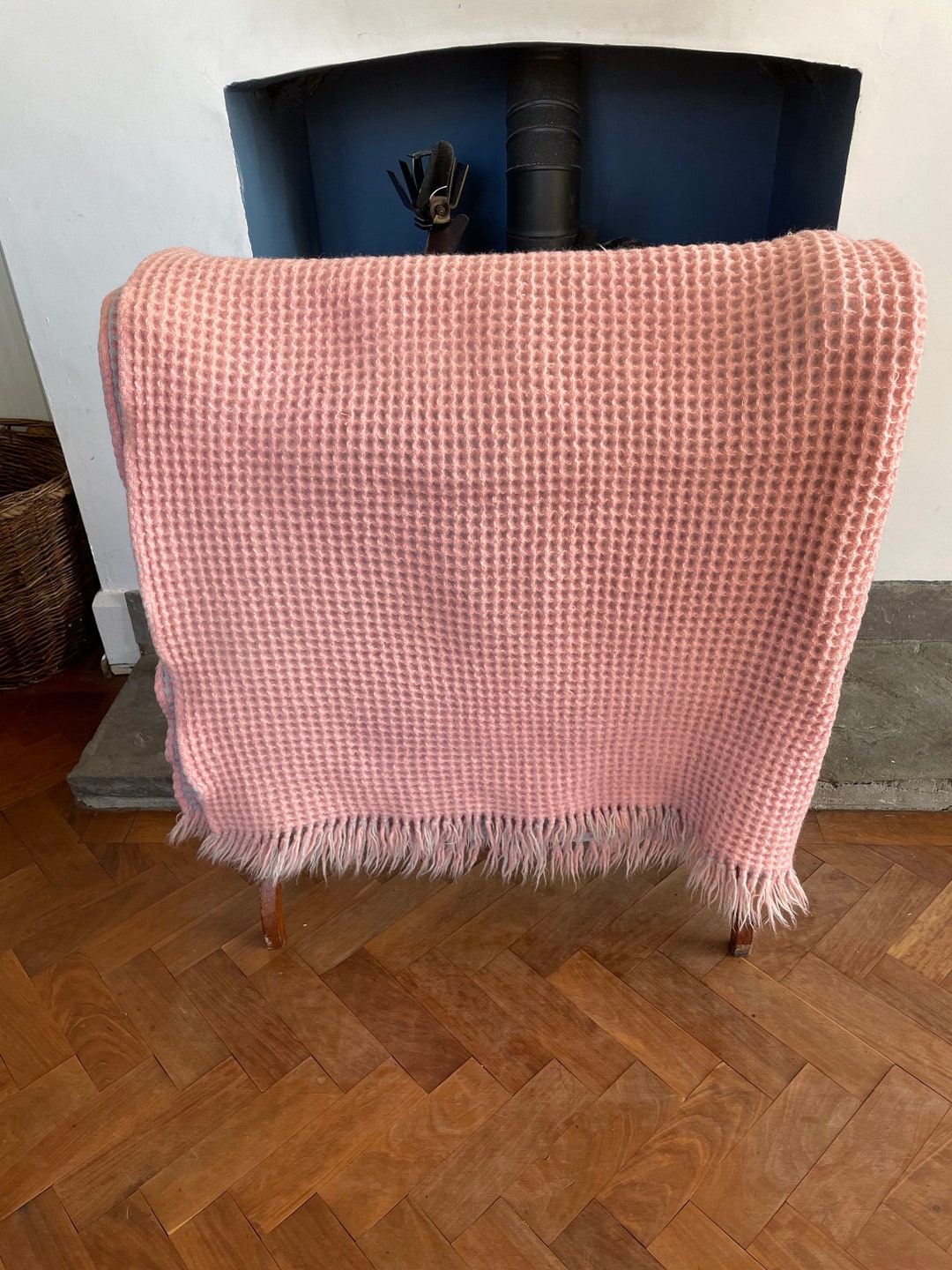 Vintage Welsh Reversible Pink and Blue Wool Blanket Etsy UK